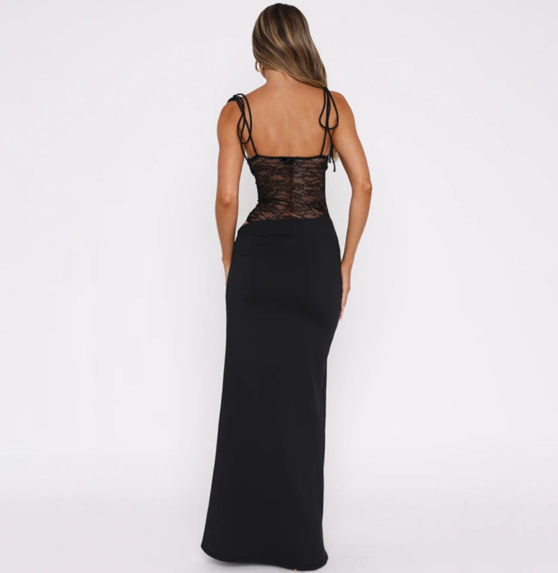 Sultry Black Lace Panel Dress - Halter Style Maxi with Transparent Lace Waist Detail