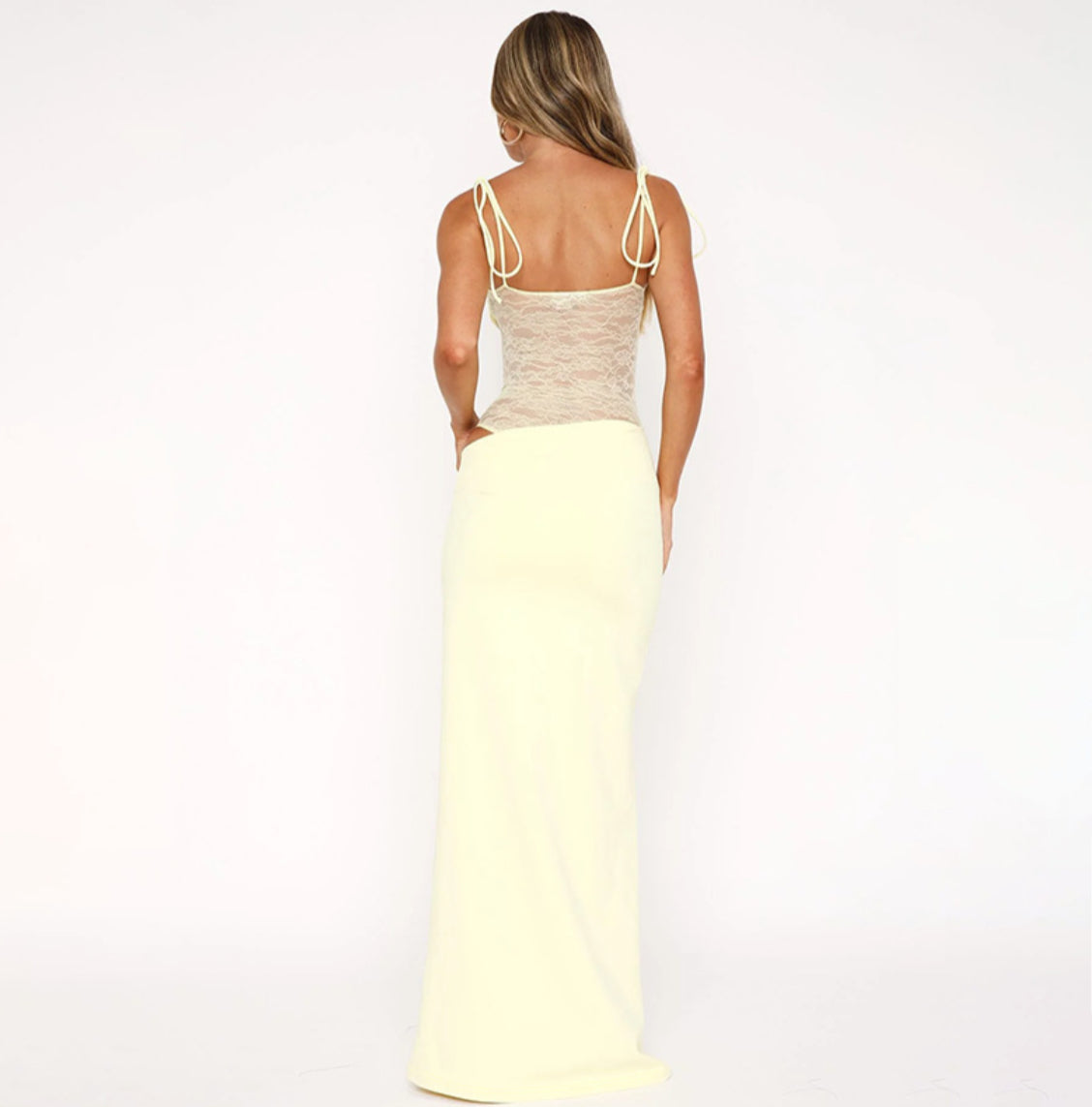 Sultry Lace Panel Dress - Halter Style Maxi with Transparent Lace Waist Detail