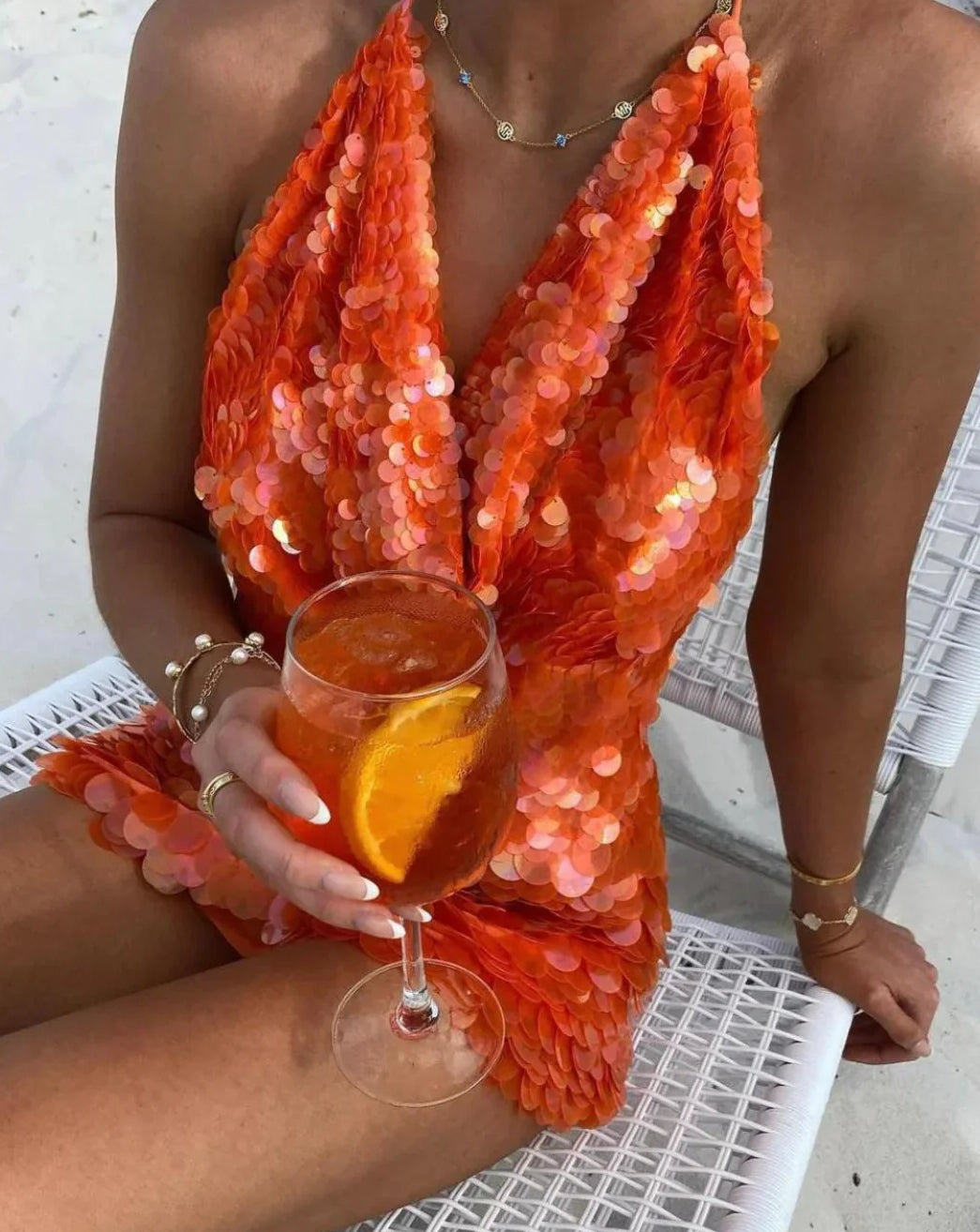 Vibrant Orange Sequin Cowl Front Dress - Sleeveless Mini Dress for Festivals and Glam Events