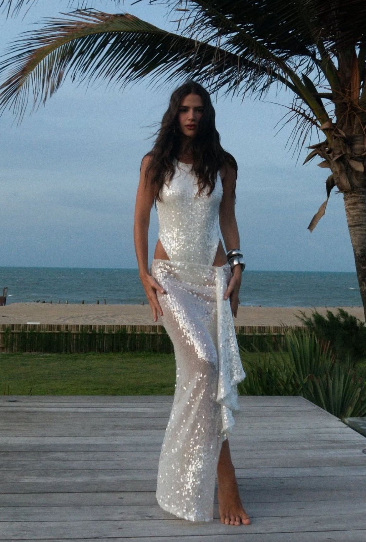 White Sequin Maxi Dress with High-Cut Bodysuit Detail and Sheer Wrap Skirt - Luxury Beach Party Outfit