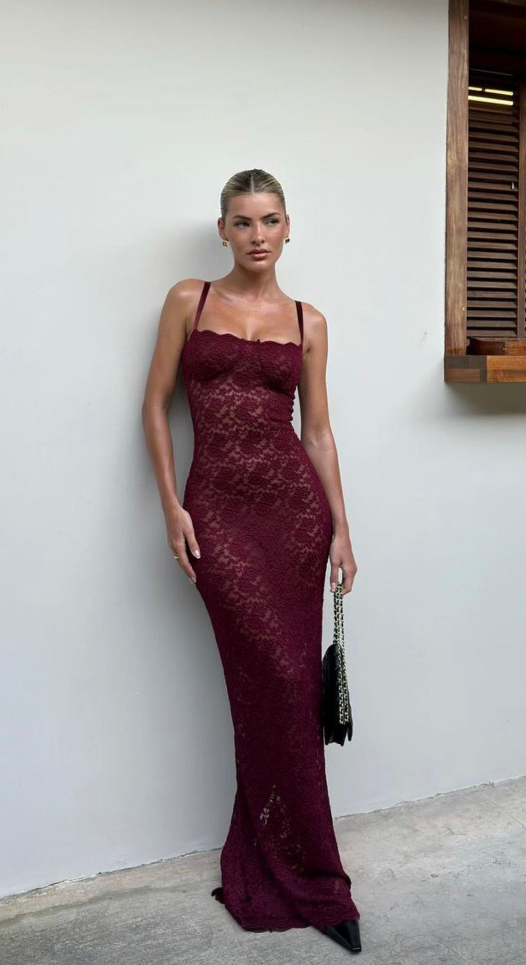 Wine Red Floral Lace Maxi Dress with Corset Style Bodice and Slim Spaghetti Straps