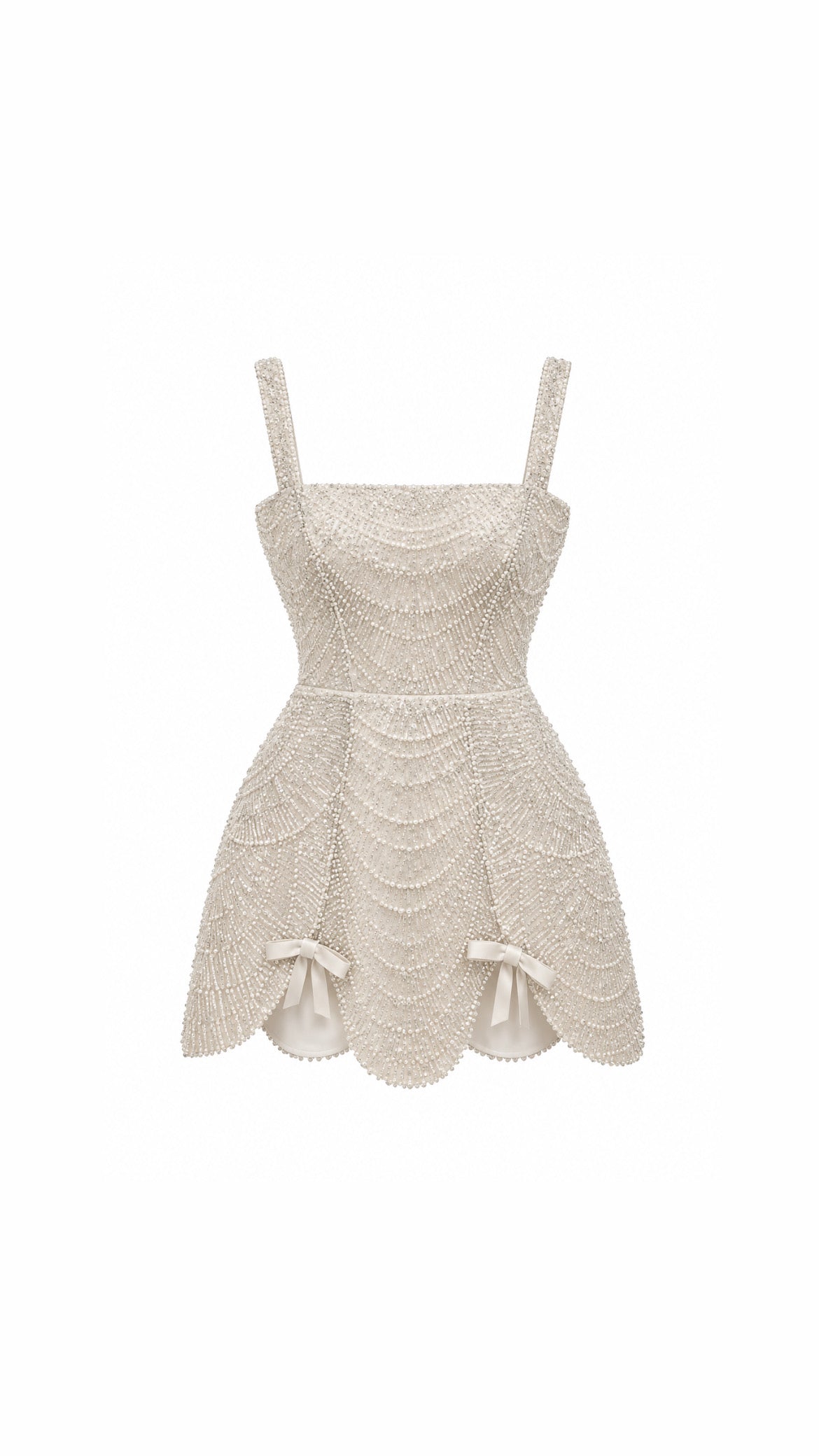 An off-white textured lace dress with a sweetheart neckline, thin shoulder straps, a fitted bodice, and a flared skirt with scalloped edges and small bow details at the hips, shown against a plain white background.