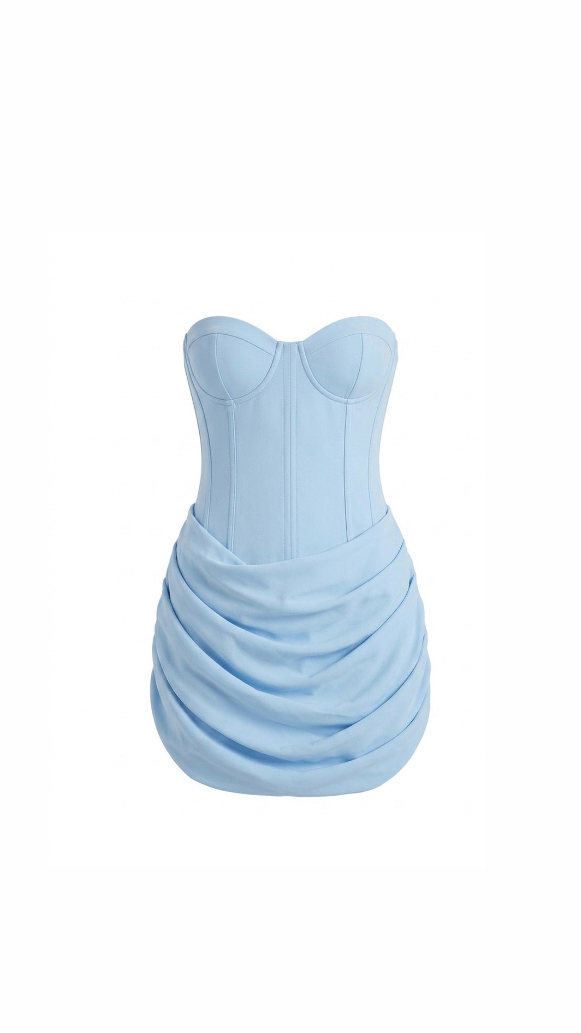 Light blue strapless dress on a white background