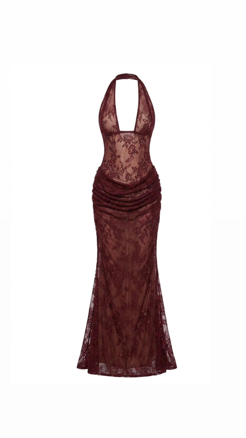 Brown lace evening gown on a white background