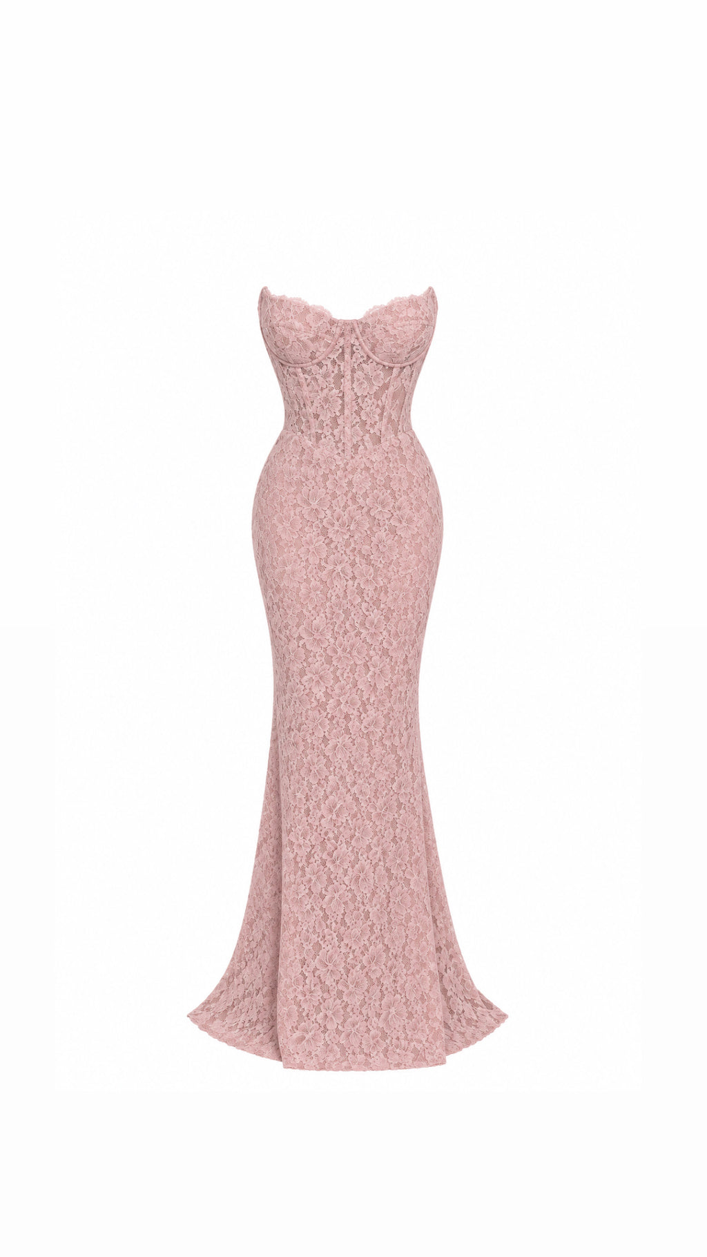 A strapless, floor-length mermaid gown in a dusty rose pink lace fabric, shown against a plain white background.