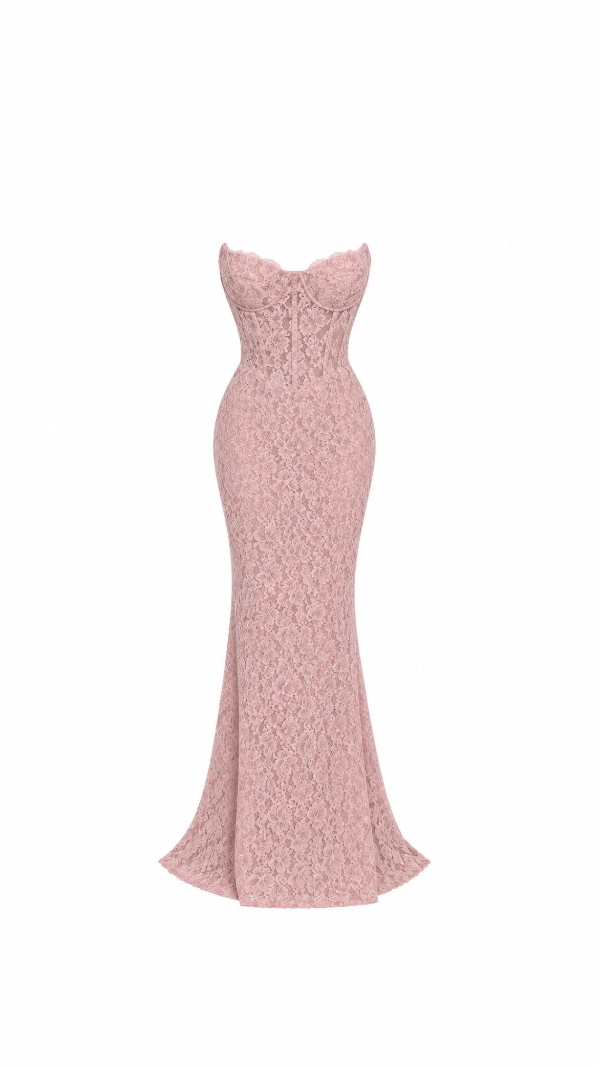 A strapless, floor-length mermaid gown in a dusty rose pink lace fabric, shown against a plain white background.