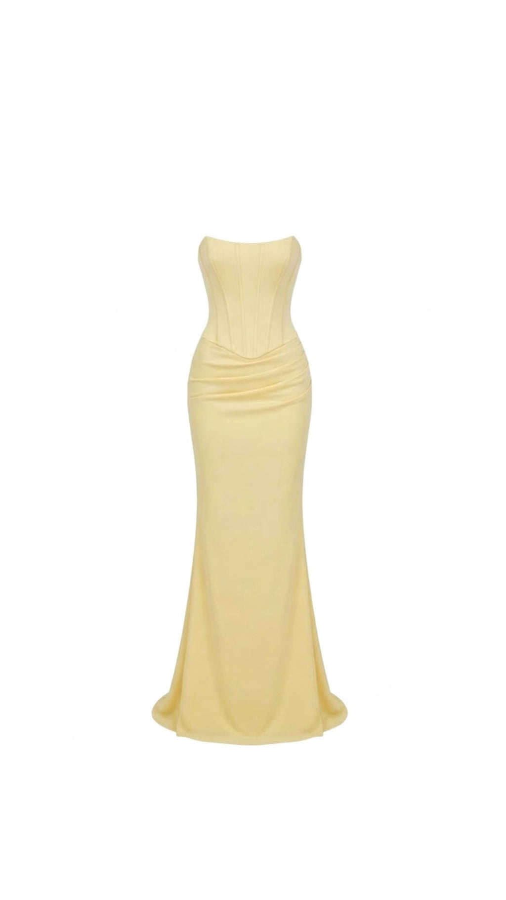 A pale yellow strapless gown with a structured corset-style bodice and a fitted, floor-length silhouette, shown against a plain white background.