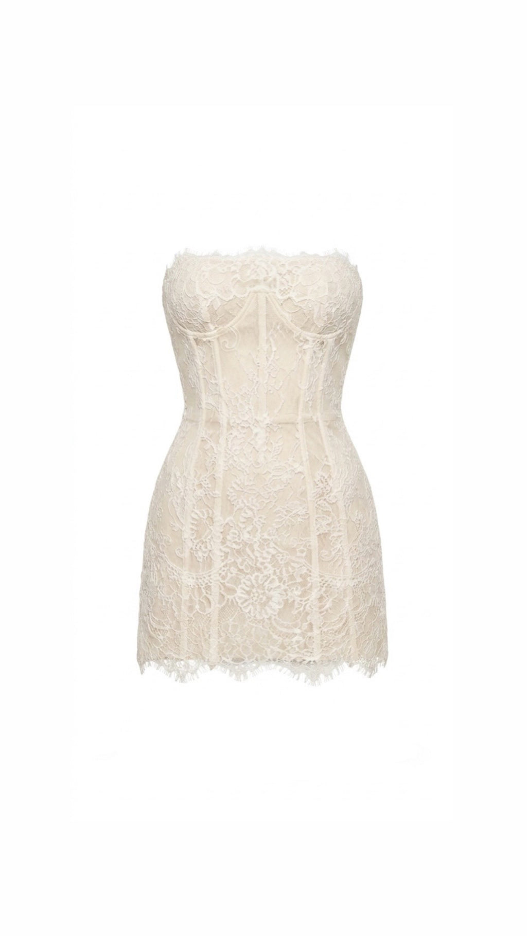 White lace strapless dress on a white background