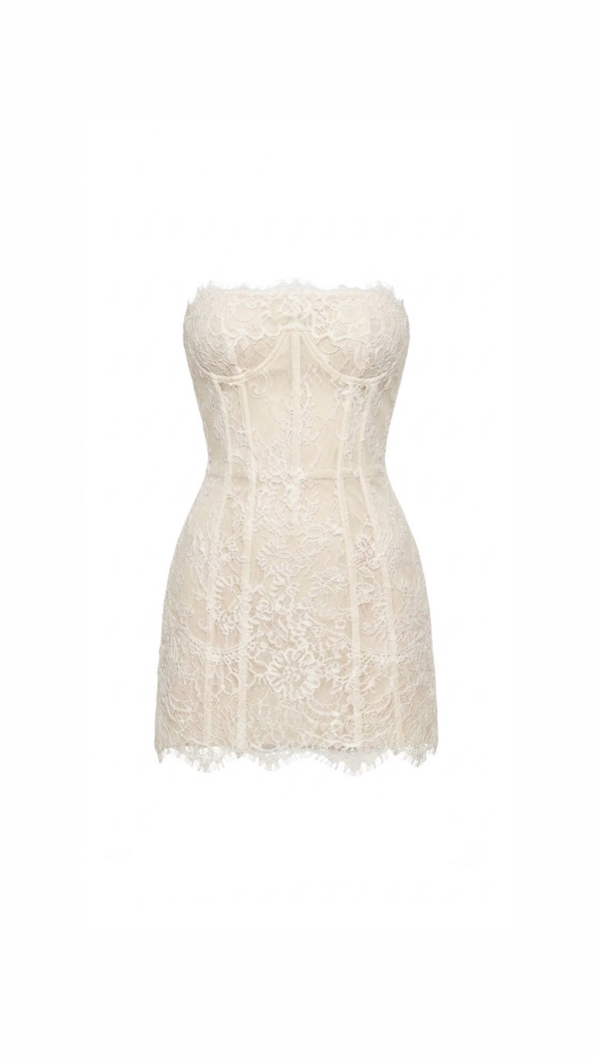 White lace strapless dress on a white background
